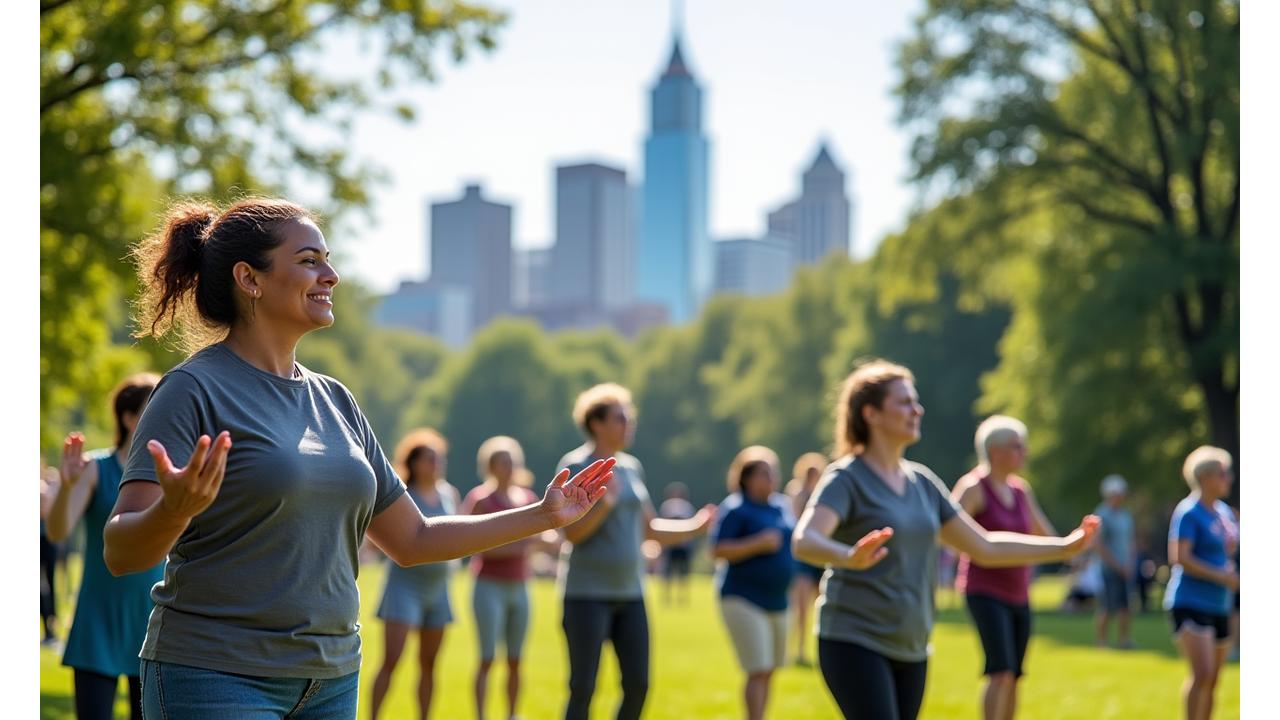 Diverse group of Atlanta adults participating in an outdoor yoga class in Piedmont Park